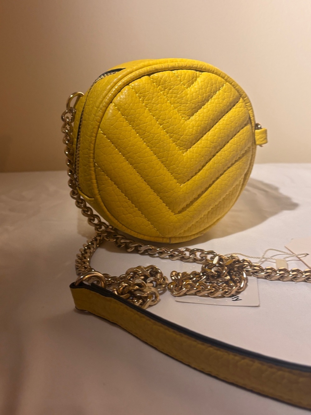 NWT Yellow Quilted Chevron Round Crossbody Mini Bag with Gold Chain